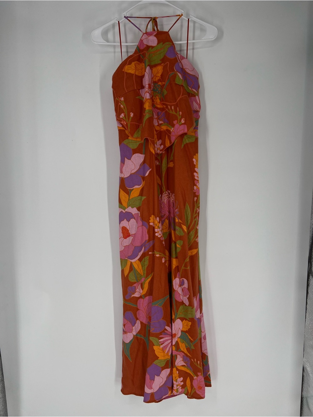 Caroline Constas Floral Embroidered Cut Out Tropical Linen Orange Maxi Dress M